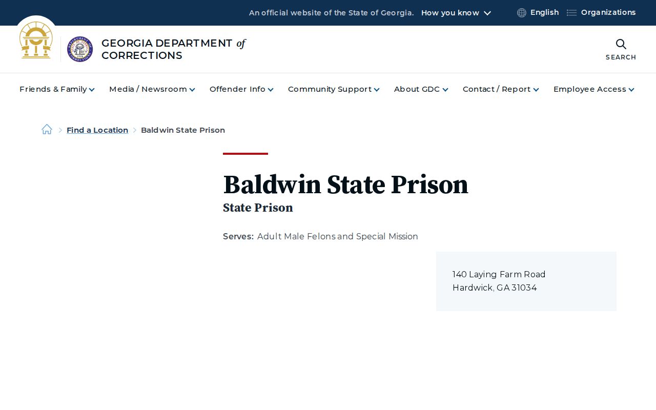 Georgia Department of Corrections Baldwin State Prison page
