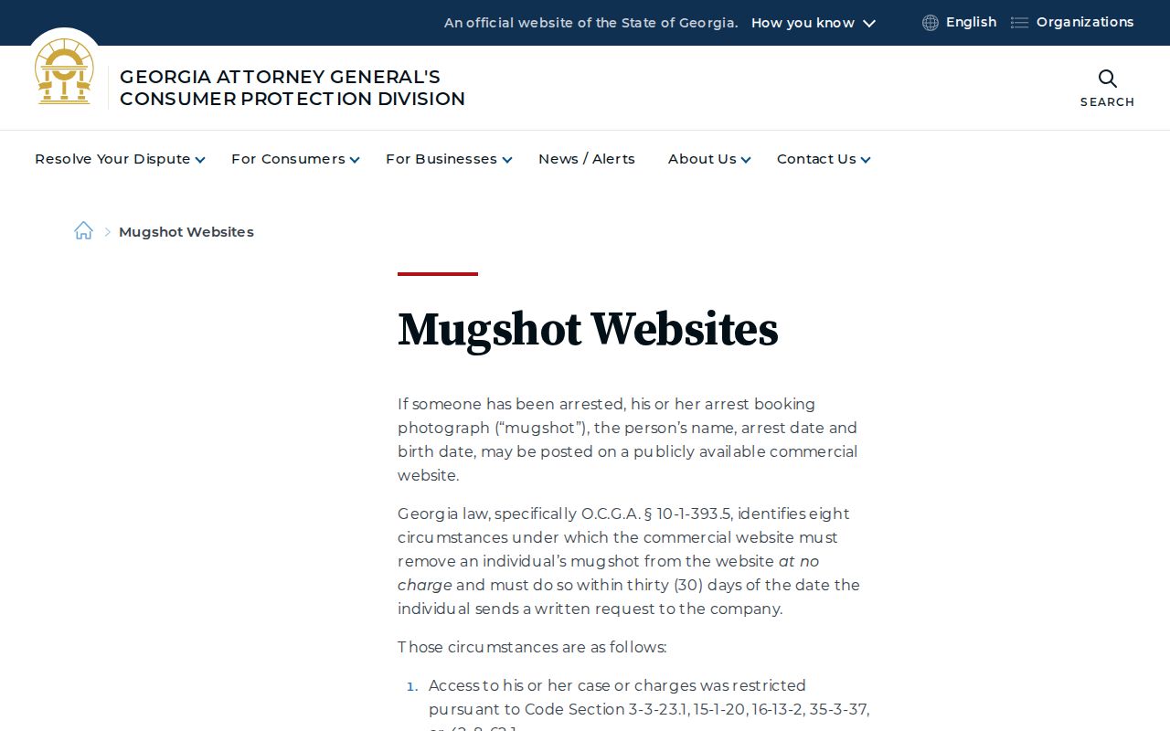 Georgia consumer information about commercial mugshot websites
